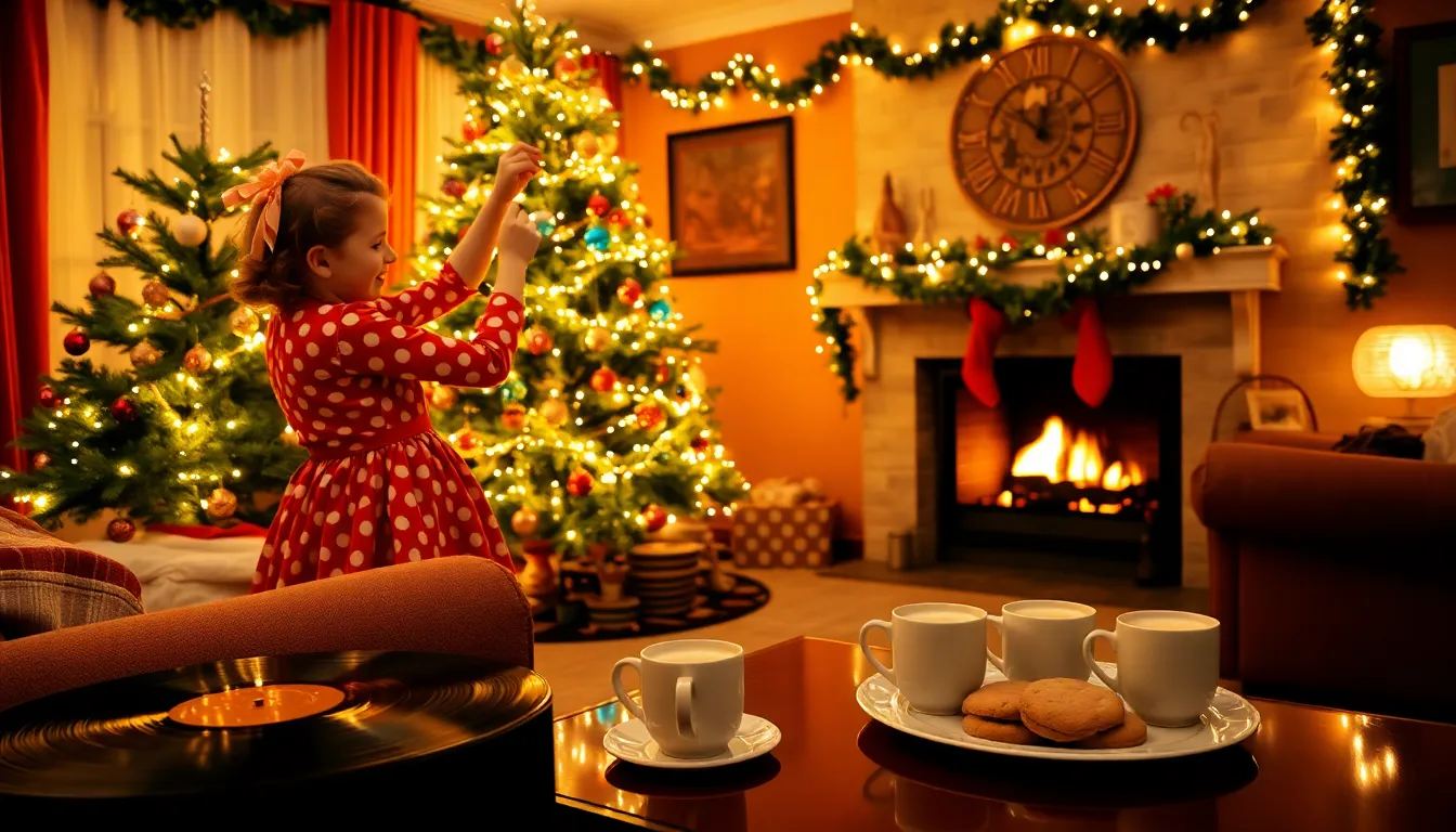 young girl decorating a Christmas tree in a festive living room.