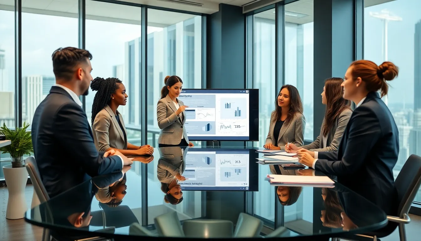 diverse team discussing leadership skills in a modern office.