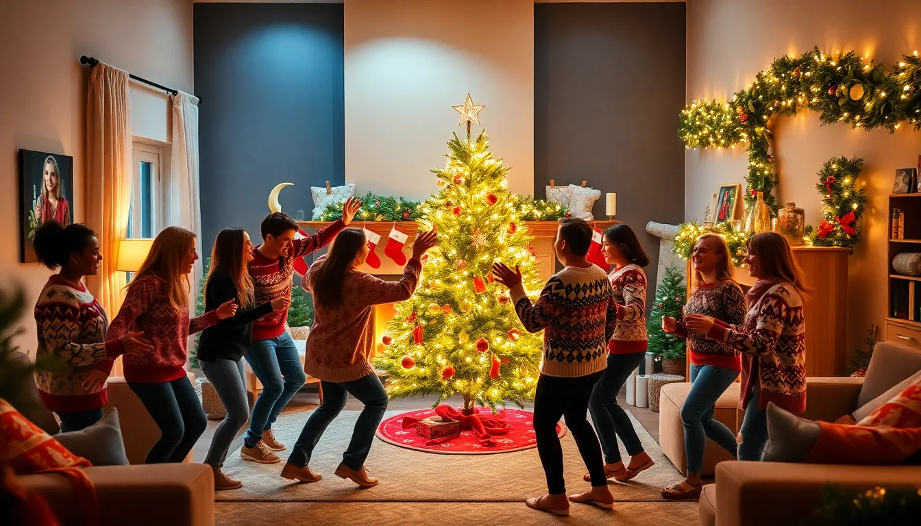 diverse group celebrating Christmas around a decorated tree.